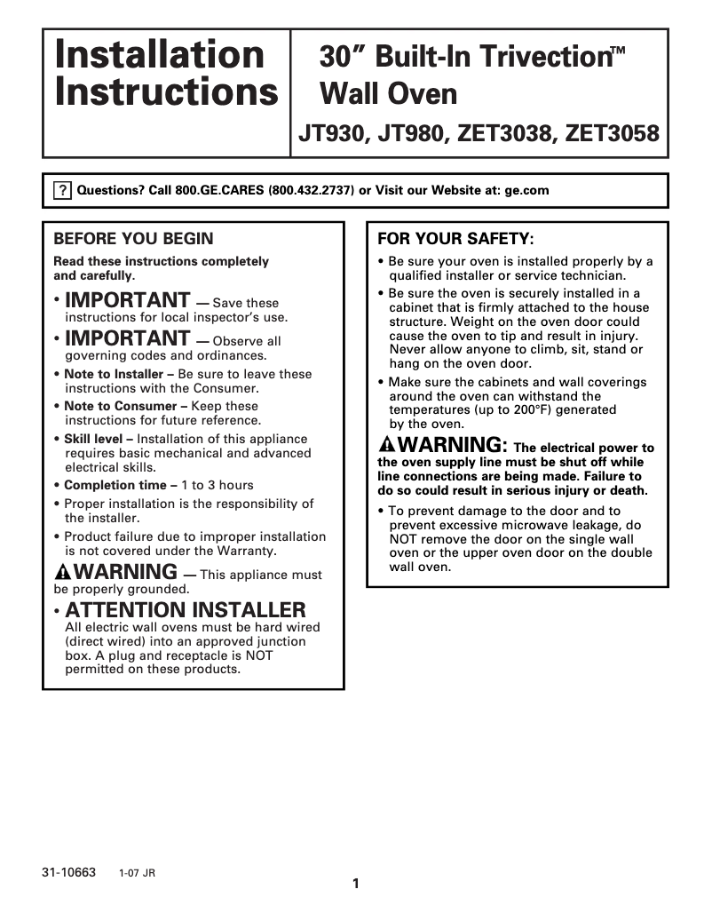 Page 1 of the manual Installation Guide GE ZET3038BHBB