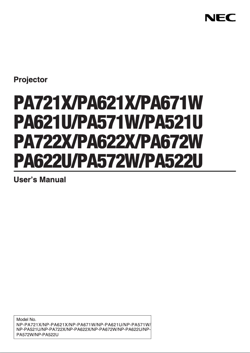 Page 1 of the manual User Manual NEC NP-PA571W-13ZL