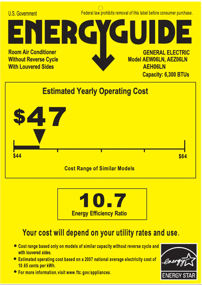 Page 1 of the manual Energy Label GE AEZ06LN