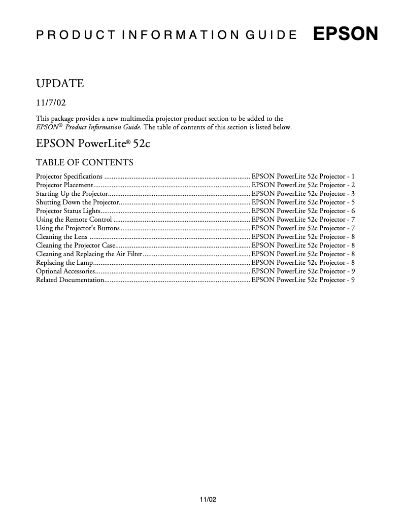 Image de la première page du manuel de l'appareil PowerLite 52c