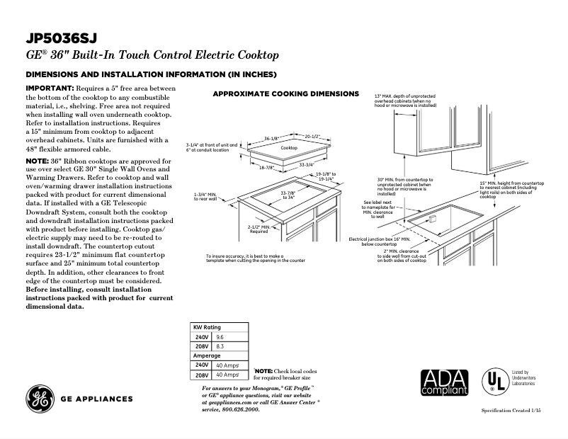 Page 1 of the manual Technical Sheet GE JP5036SJSS