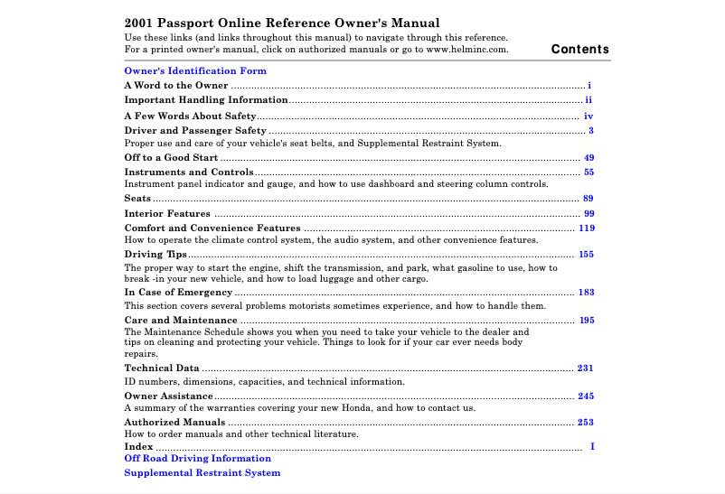 Page 1 of the manual User Manual Honda Passport (2001)