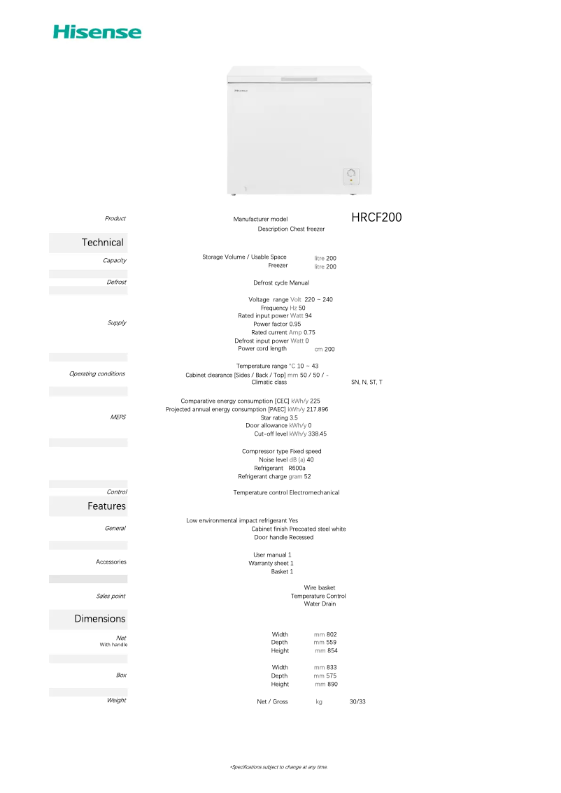 Page 1 of the manual Technical Sheet Hisense HRCF200