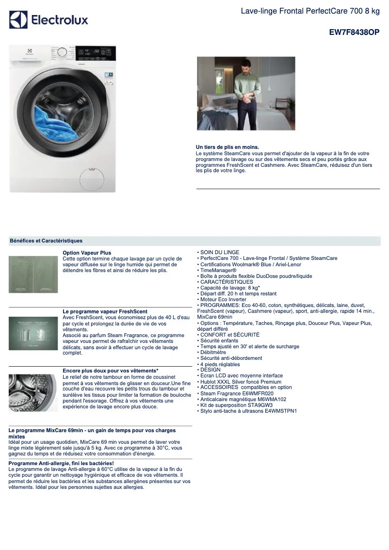 Page 1 of the manual Technical Sheet Electrolux EW7F8438OP