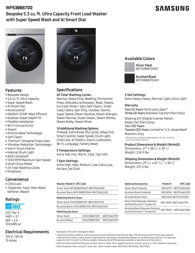 First page image of the manual for WF53BB8700AV