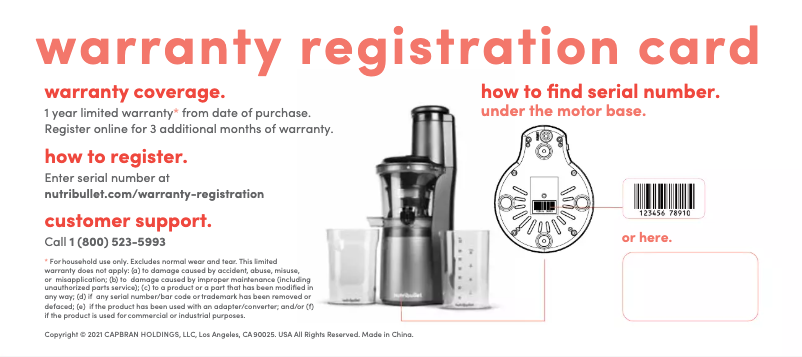 Page 1 of the manual Warranty Information NutriBullet Slow Juicer