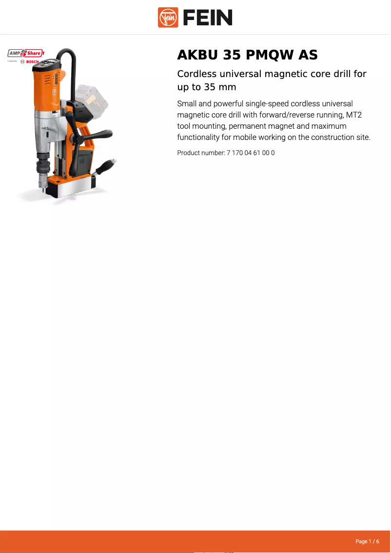 Page 1 of the manual Technical Sheet Fein AKBU 35 PMQW AS
