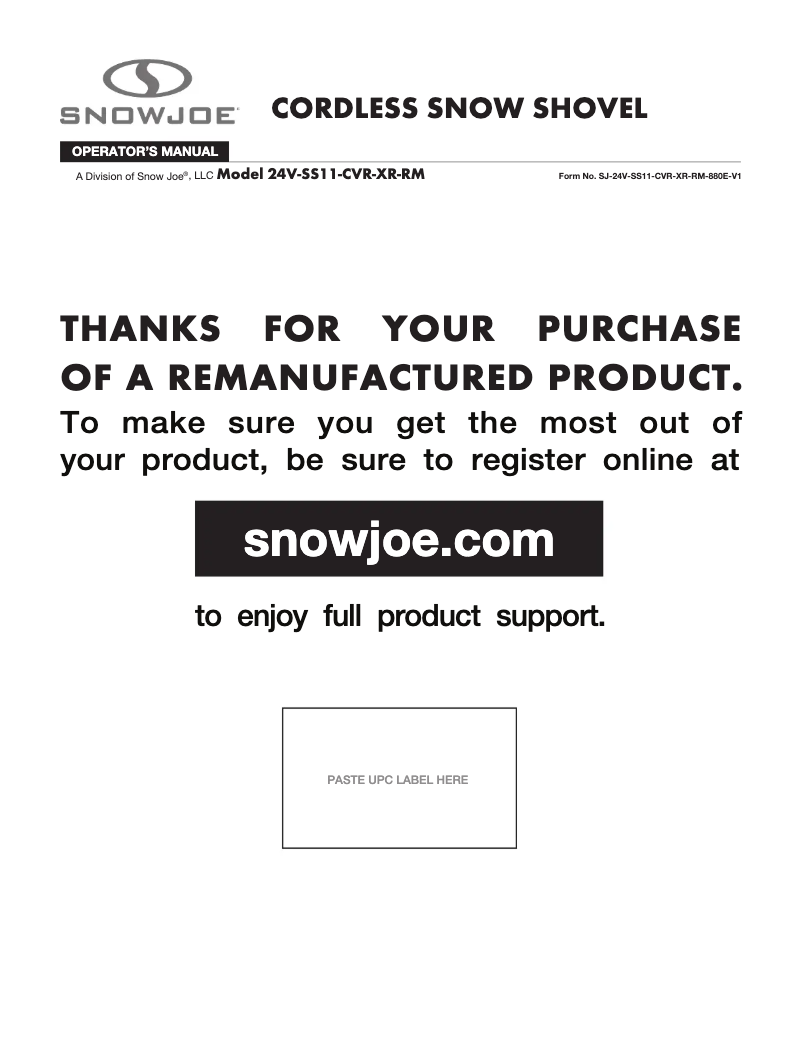 Page 1 of the manual User Manual Snow Joe 24V-SS11-CVR-XR-RM