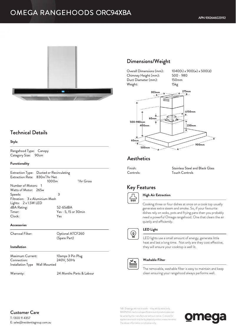Page 1 of the manual Technical Sheet Omega ORC94XBA