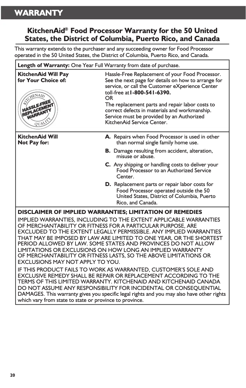 Page 1 of the manual Warranty Information KitchenAid KFP0722ER