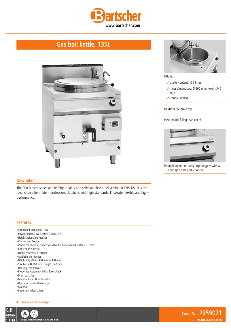 Page 1 of the manual Technical Sheet Bartscher 296911