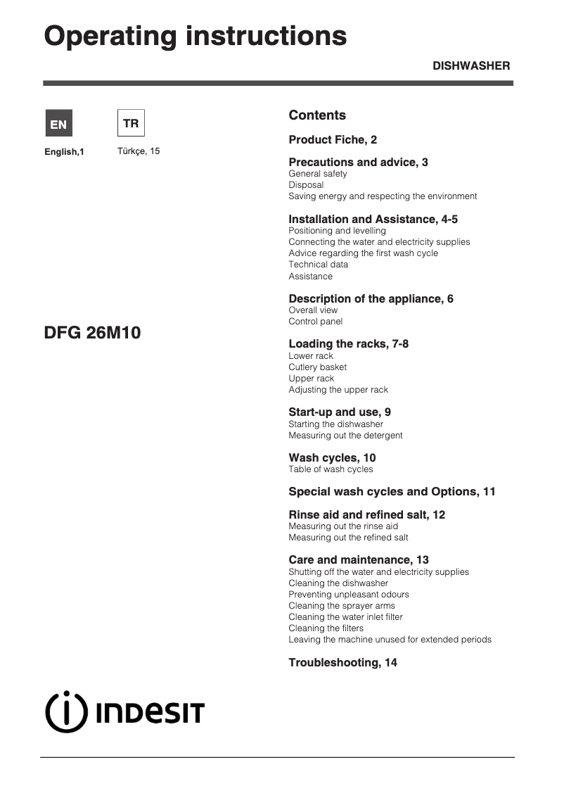 Page 1 of the manual User Manual Indesit DFG 26M10