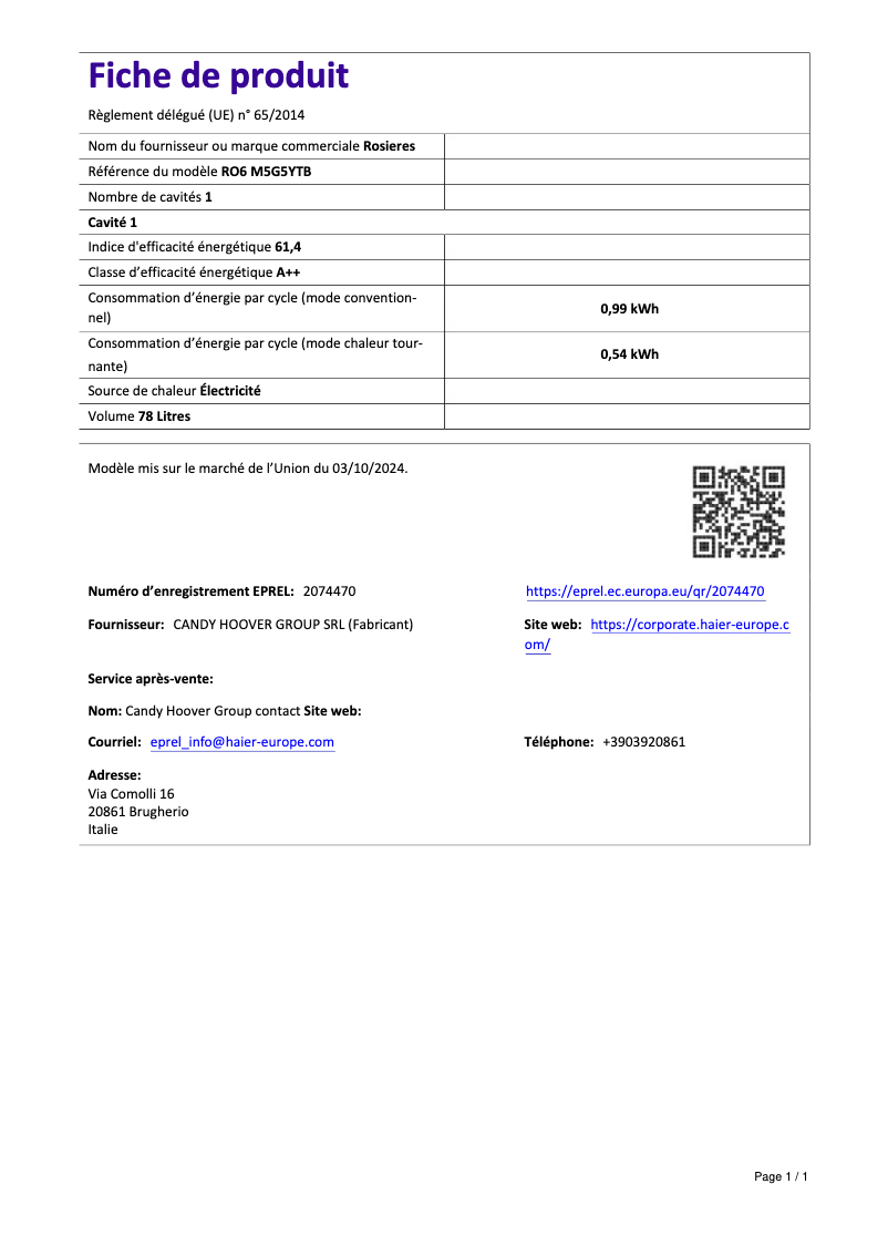 First page image of the manual for RO6 M5G5YTB