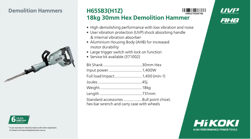 Page 1 of the manual Technical Sheet HiKOKI H 65SB3