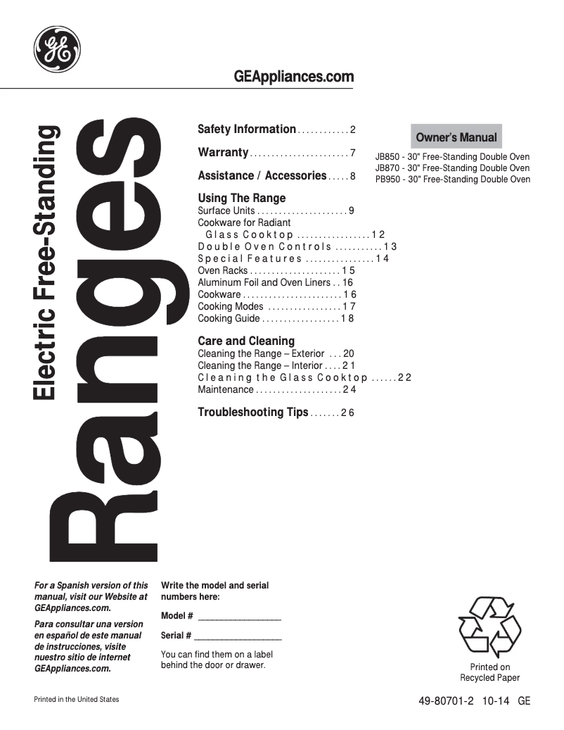 Page 1 of the manual Use and Maintenance Manual GE JB870DFBB