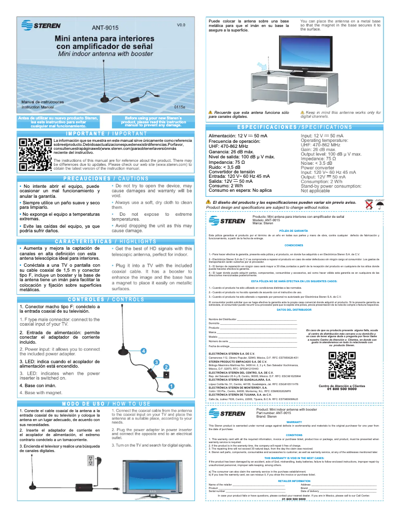 Page 1 of the manual User Manual Steren ANT-9015