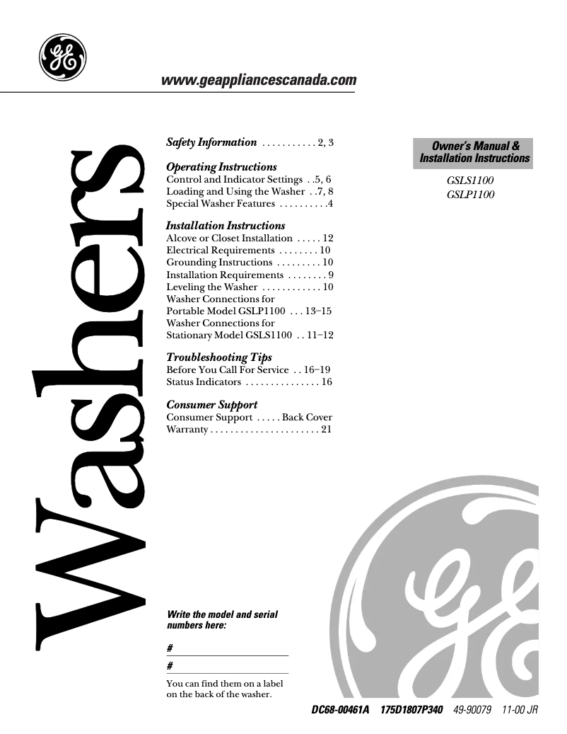 Page 1 of the manual User Manual GE GSLP1100AWW