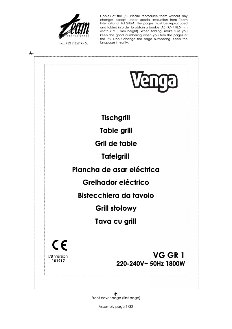 First page image of the manual for VG GR 1