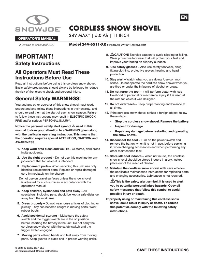 Page 1 of the manual User Manual Snow Joe 24V-SS11-XR