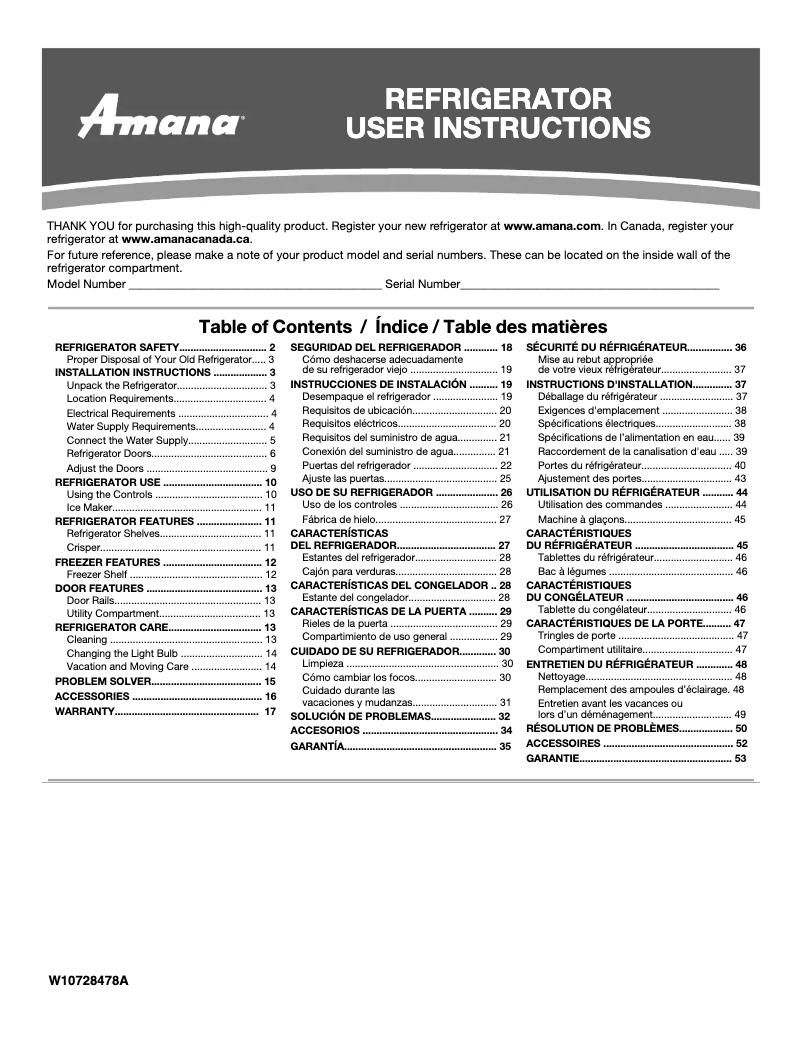 Page 1 of the manual Use and Maintenance Manual Amana ART348FFF