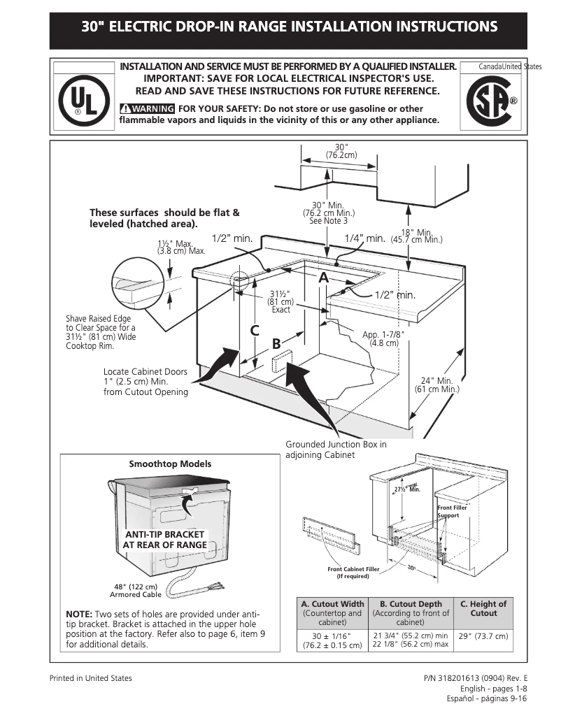 Page 1 of the manual Installation Guide Frigidaire FED365EB