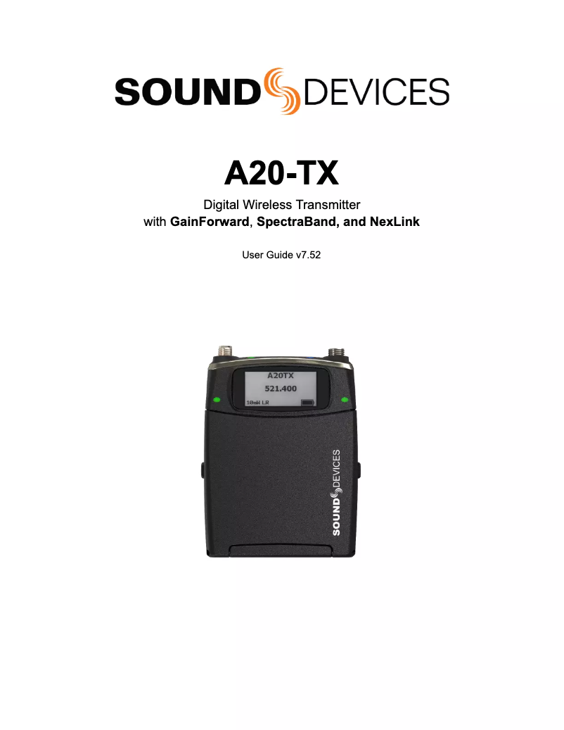 Page 1 of the manual User Manual Sound Devices A20-TX