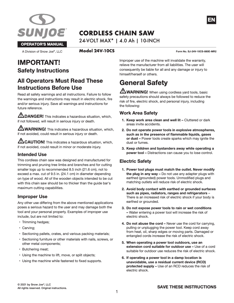 Page 1 of the manual User Manual Sun Joe 24V-10CS-CT