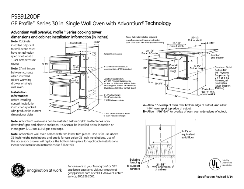 Page 1 of the manual Technical Sheet GE Profile SB9120DFWW