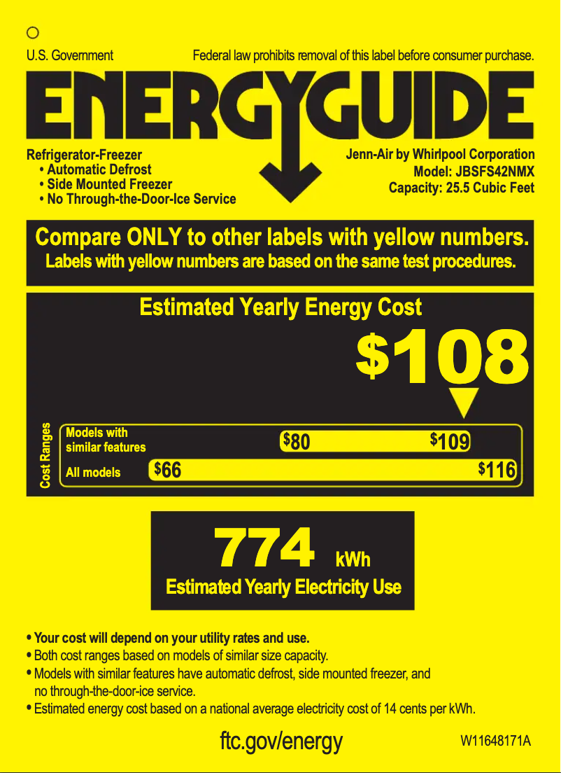 Page 1 of the manual Energy Label JennAir JBSFS42NMX