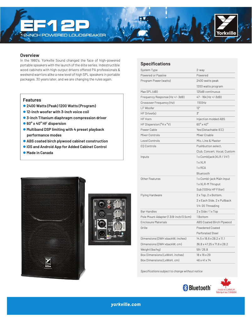 Page 1 de la notice Fiche technique Yorkville Elite EF12P