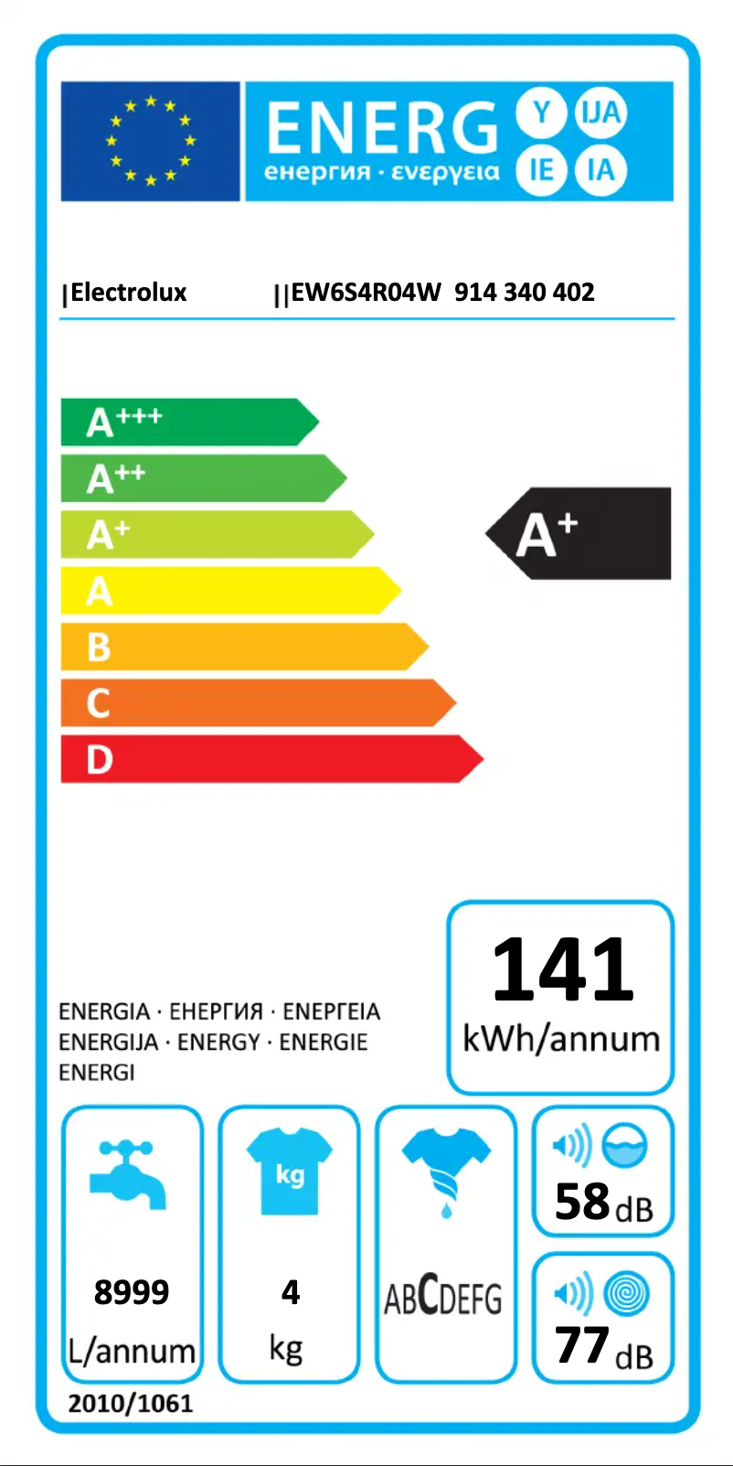 Page 1 of the manual Energy Label Electrolux EW6S4R04W