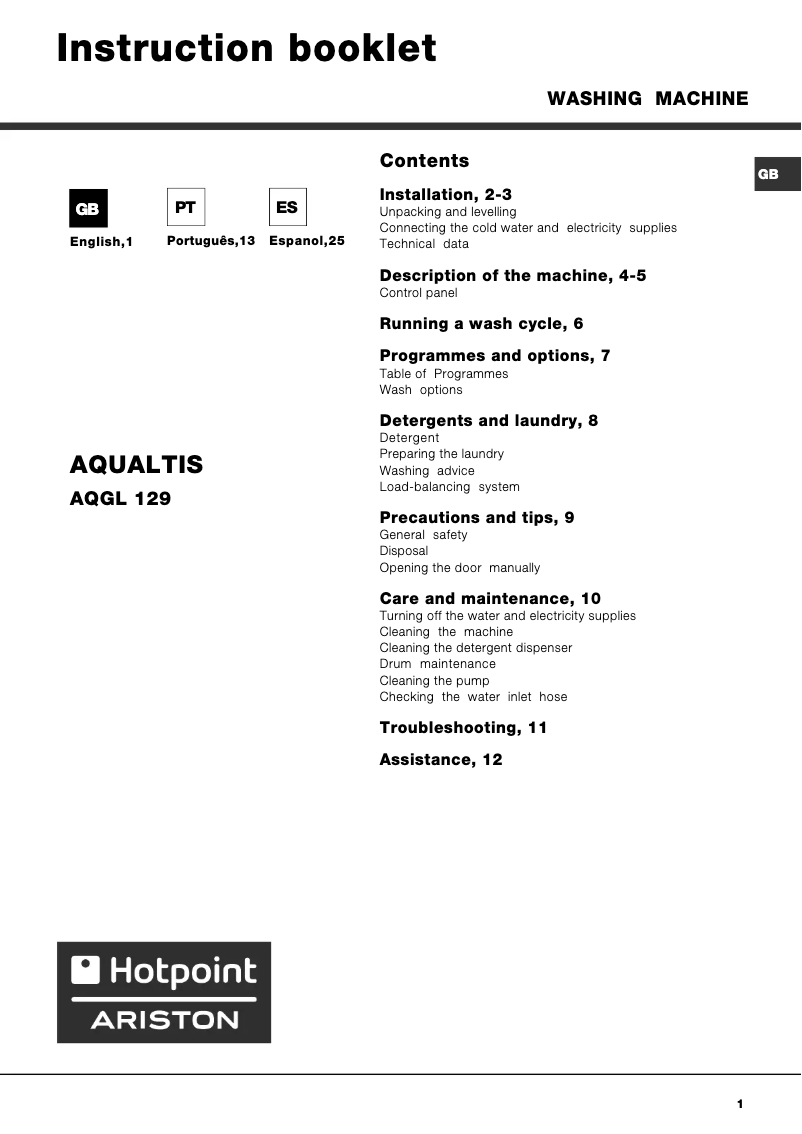 First page image of the manual for Aqualtis AQGL 129