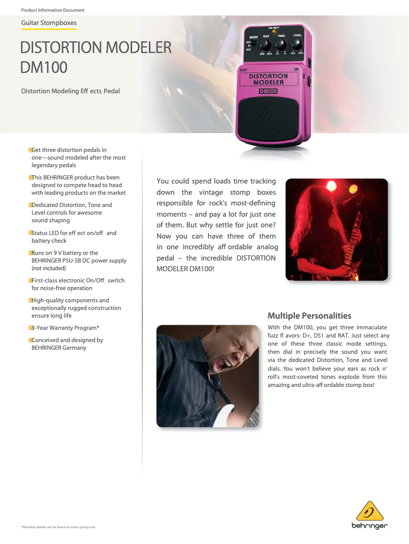 Page 1 of the manual Technical Sheet Behringer Distortion Modeler DM100