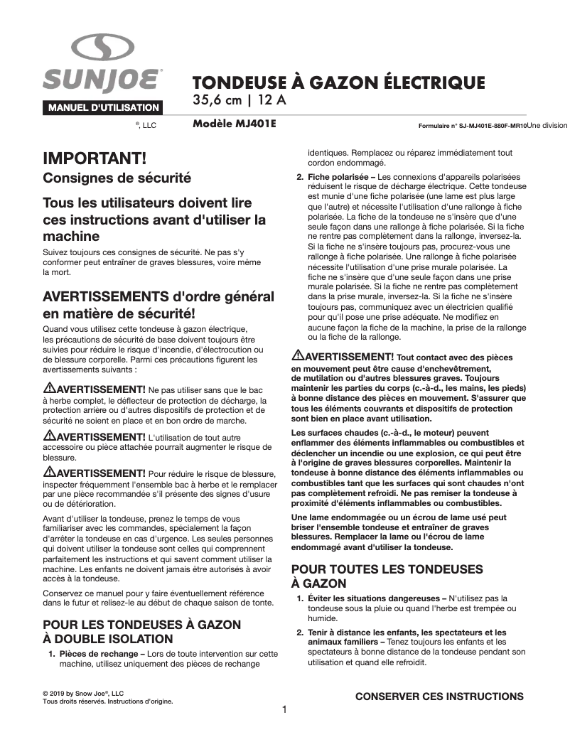 Page 1 de la notice Manuel utilisateur Sun Joe MJ401E-SJB