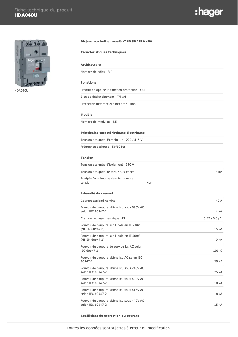 Page 1 of the manual Technical Sheet Hager HDA040U