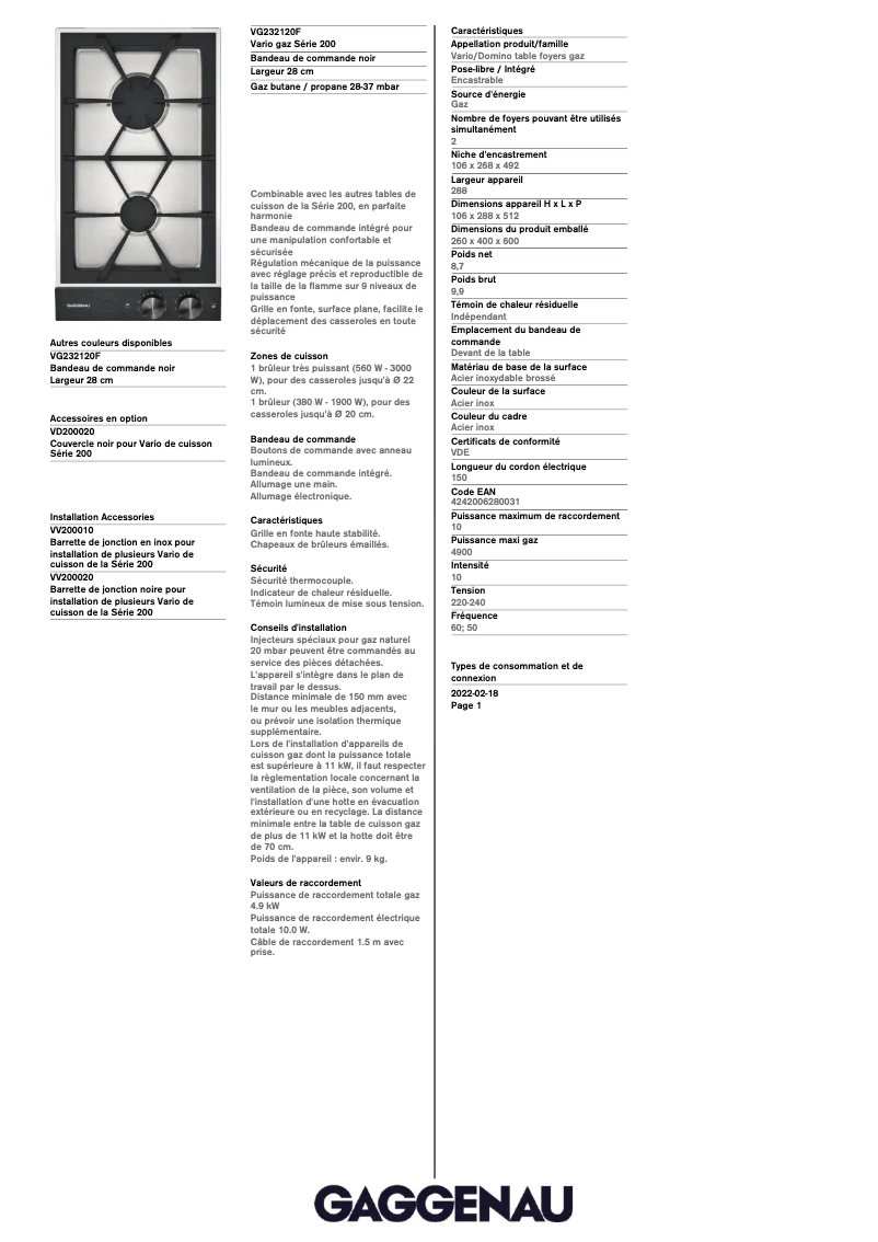 Page 1 of the manual Technical Sheet Gaggenau VG232120F