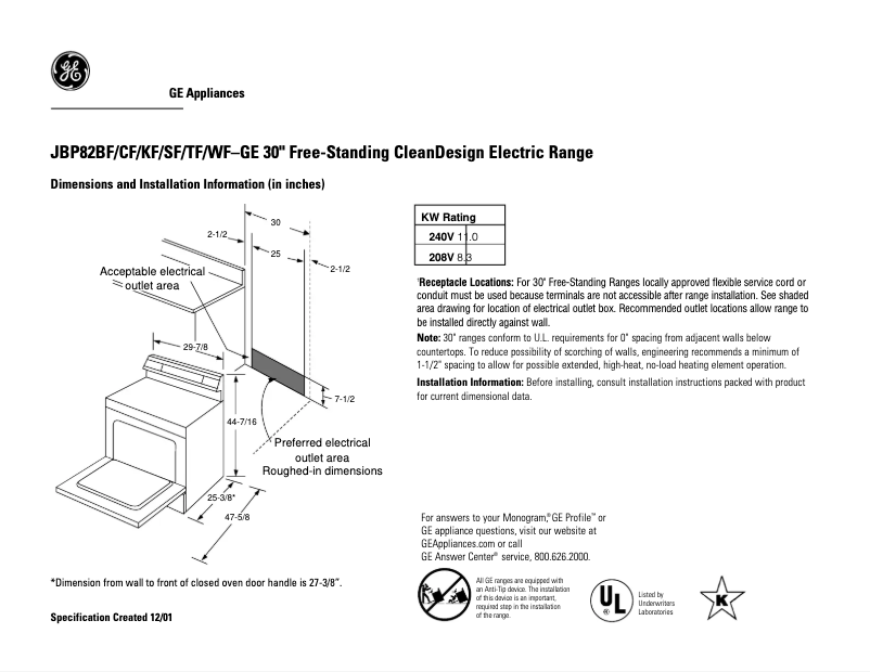 Page 1 of the manual Technical Sheet GE JBP82CFCC