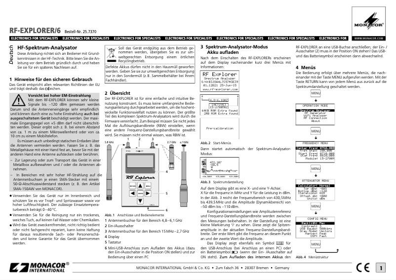 First page image of the manual for RF-EXPLORER/6
