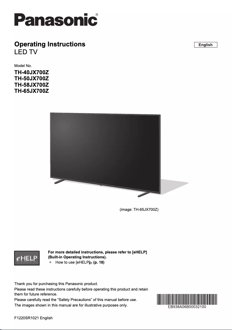First page image of the manual for TH-65JX700Z