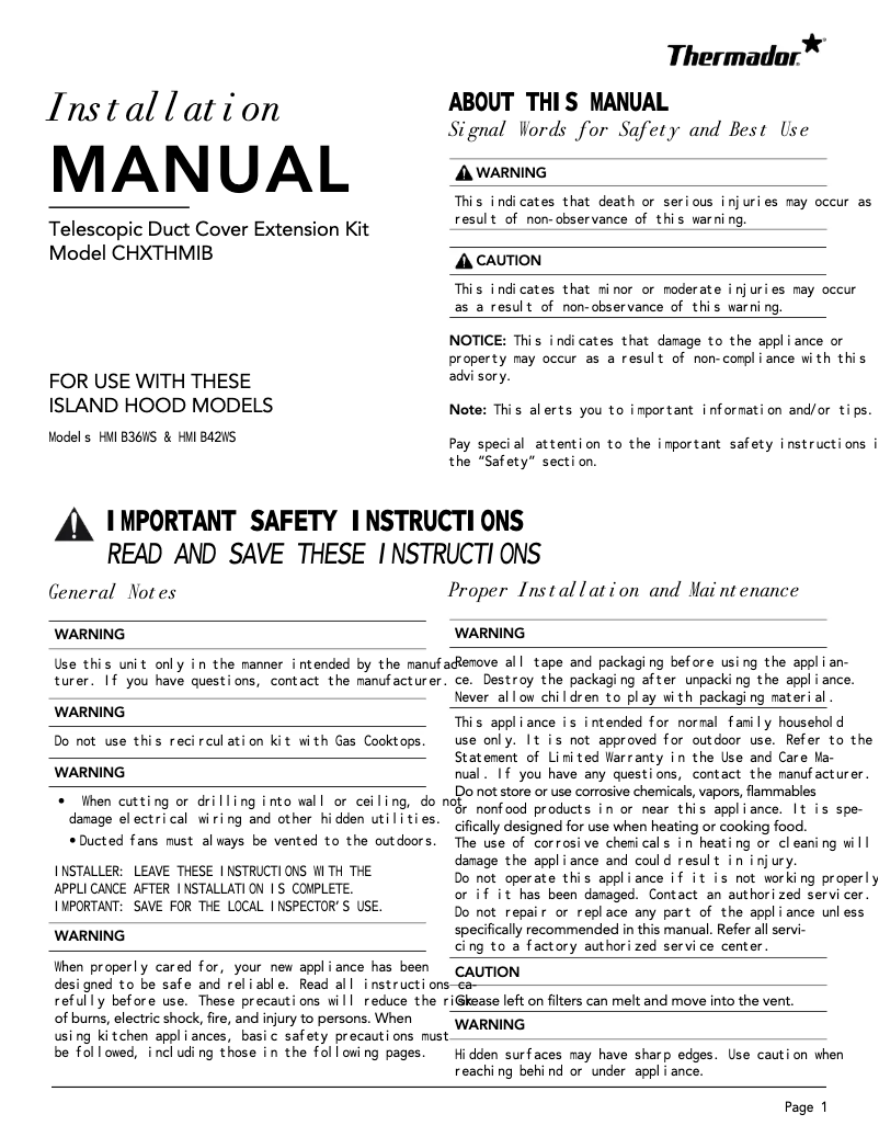 Page 1 of the manual Installation Guide Thermador CHXTHMIB
