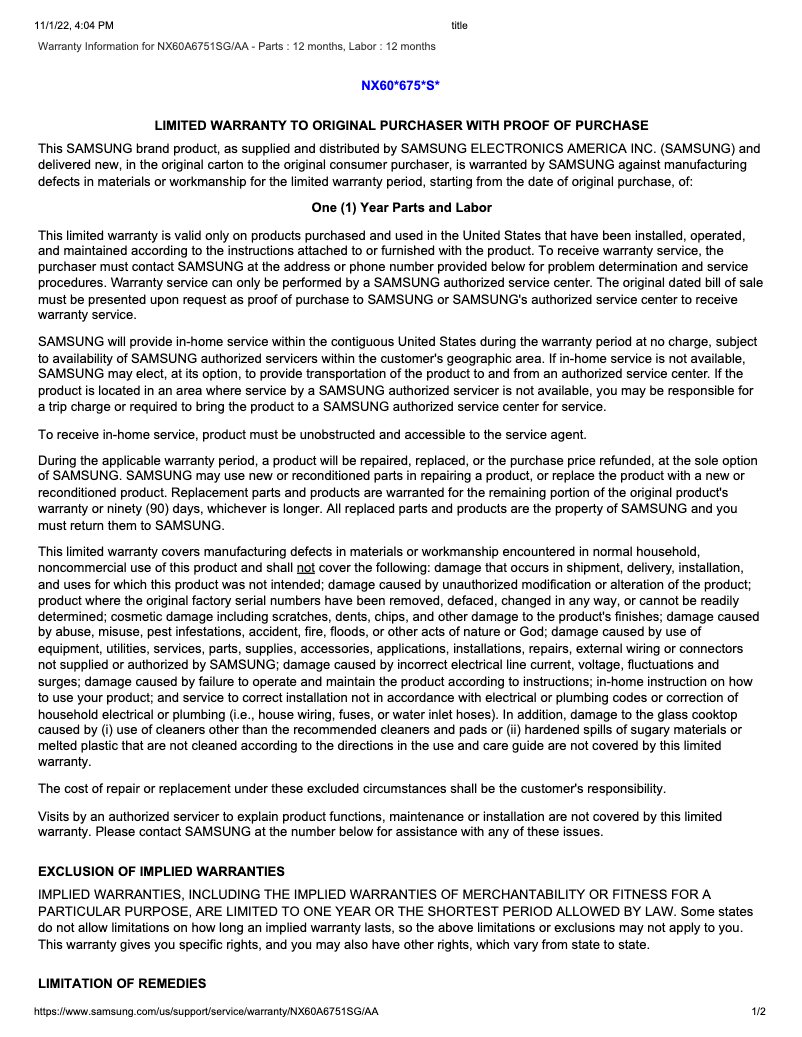 First page image of the manual for NX60A6751SG