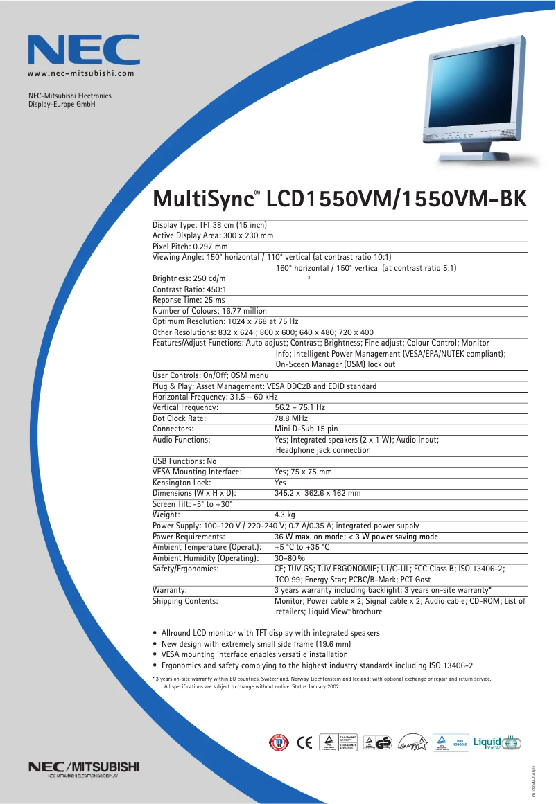 Page 1 of the manual Technical Sheet NEC MultiSync LCD1550VM