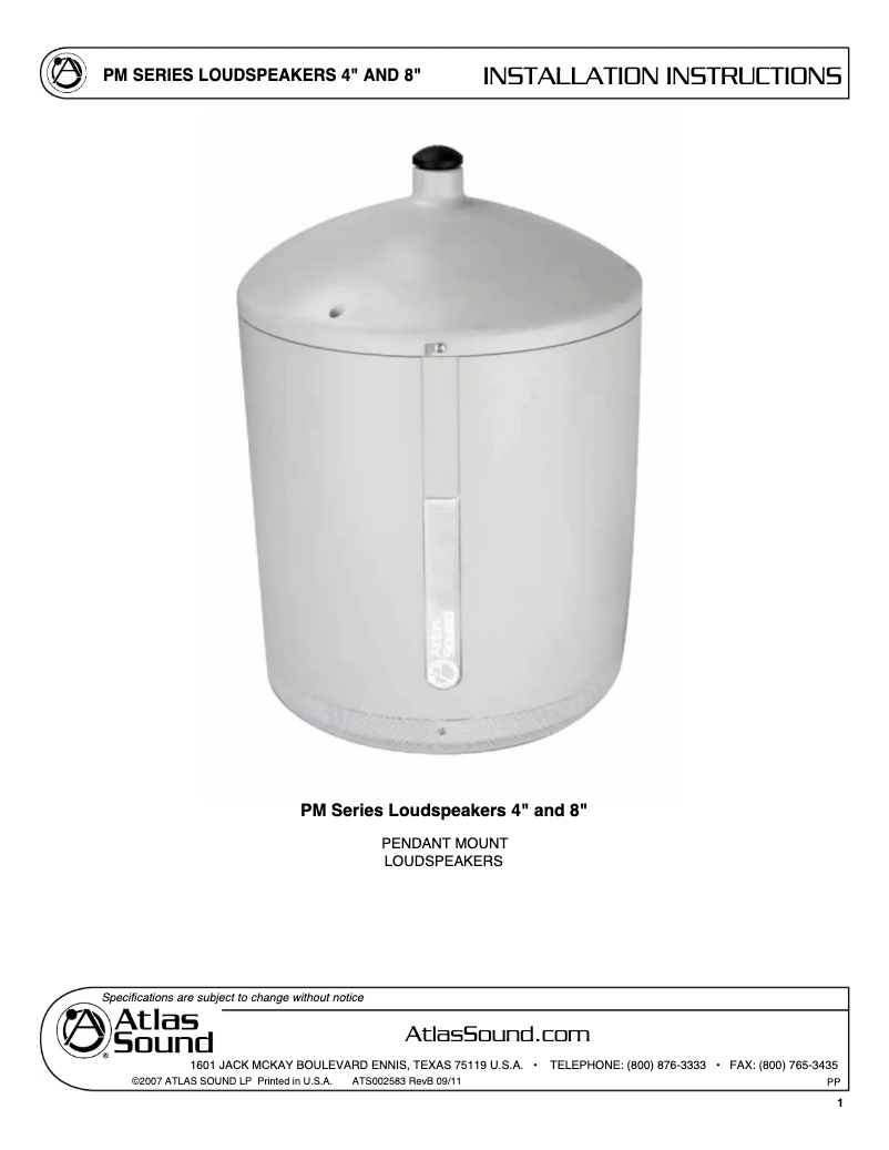 Page 1 of the manual User Manual Atlas Sound PM8SUB