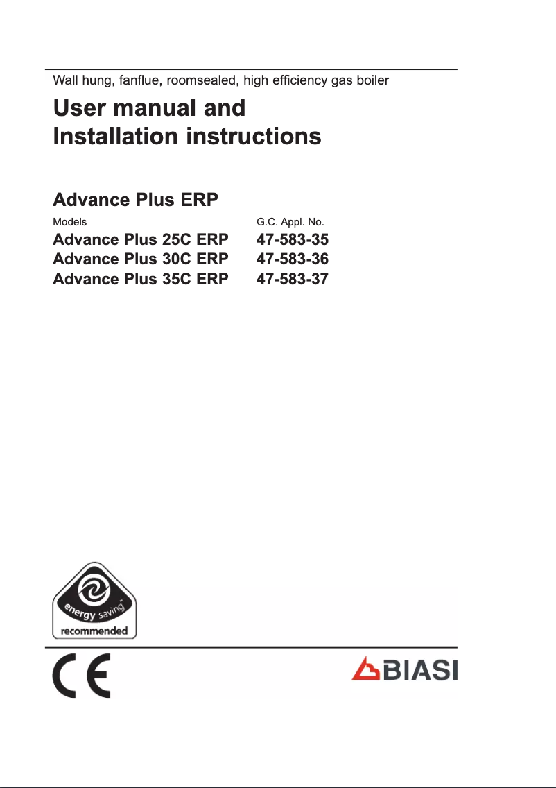 Page 1 of the manual User Manual Biasi Advance Plus Combi 35C ERP