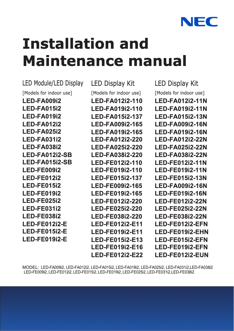 Page 1 of the manual Installation Guide NEC LED-FE038i2