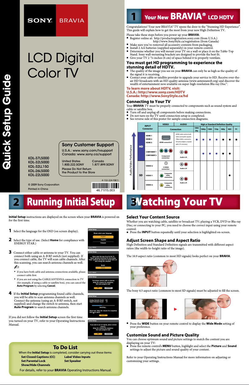 Page 1 of the manual Installation Guide Sony Bravia KDL-32LL150
