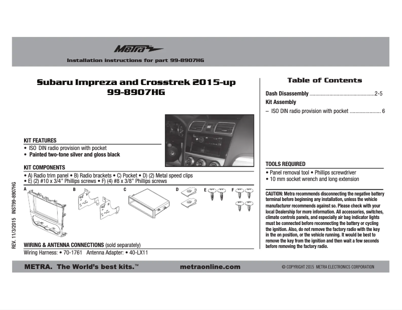 Page 1 de la notice Manuel utilisateur Metra 99-8907HG