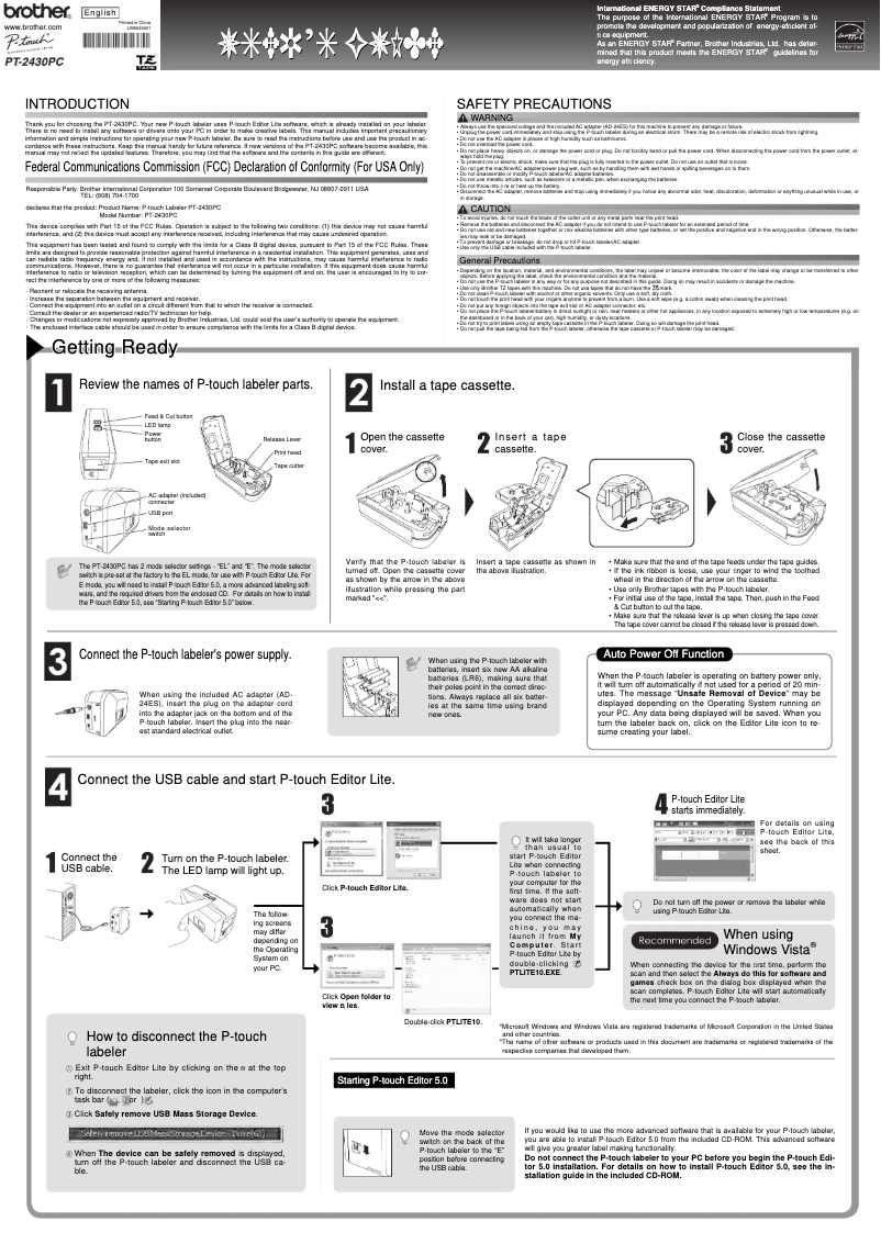 Page 1 of the manual User Manual Brother P-Touch 2430PC
