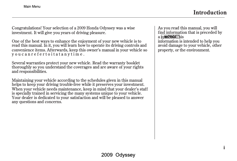 First page image of the manual for Odyssey (2009)
