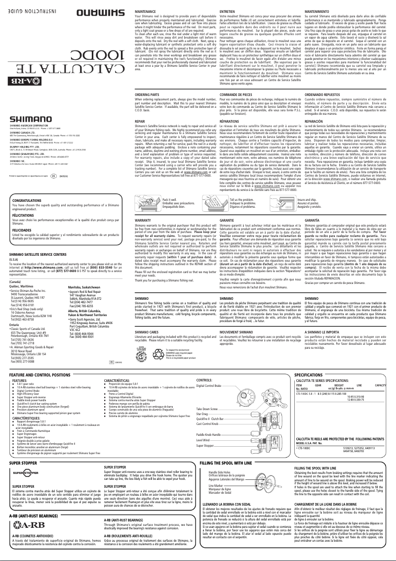 Page 1 of the manual User Manual Shimano Calcutta TE 100DC